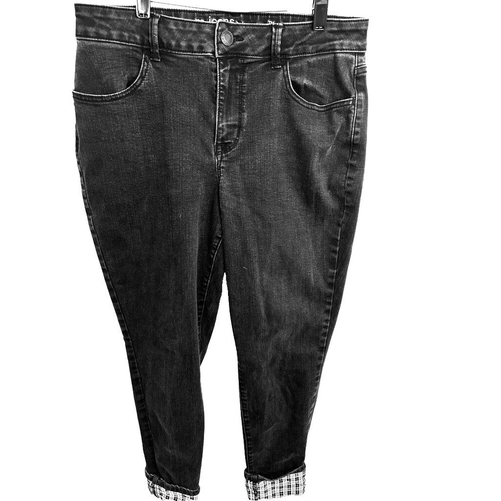 M Jeans By Maurice Women's Large Jeans High Rise Black Plaid Flip Cuff